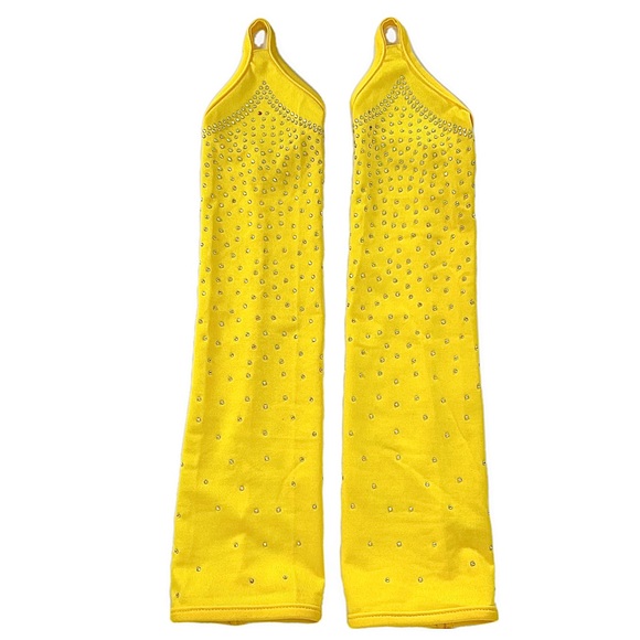Yellow Long Gloves Fingerless Rhinestones Over Elbow Stretch Carnival Cosplay - Picture 4 of 5